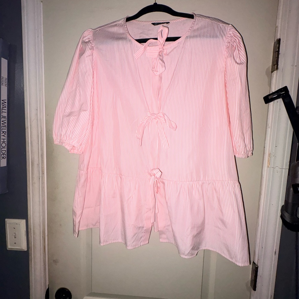 PrettyGarden Pink & White Striped Bow Front Top | Size XXL